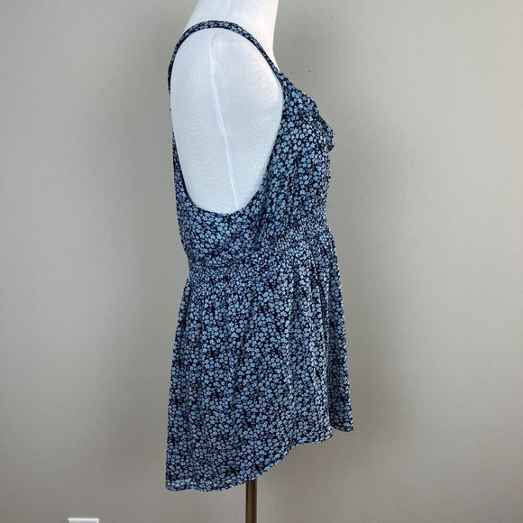 Express Babydoll Tank Top L Blue Navy Mesh Floral Ruffle V-Neck Smocked Waist - Picture 4 of 9